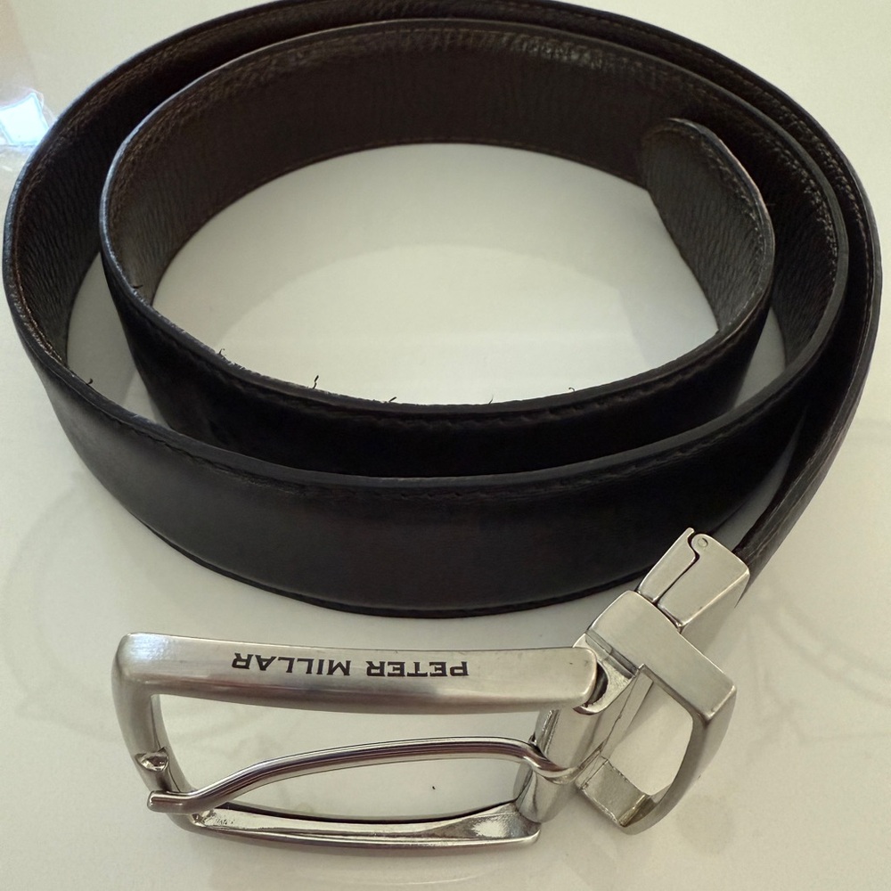 Peter Millar Dark Brown and Black Reversible Leather Belt with Silver Buckle